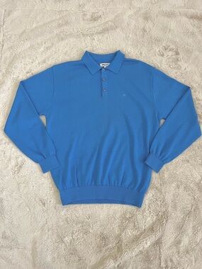 Michiko London Blue Knit Polo Sweater Crown Logo Long Sleeve Preppy Minimalist S